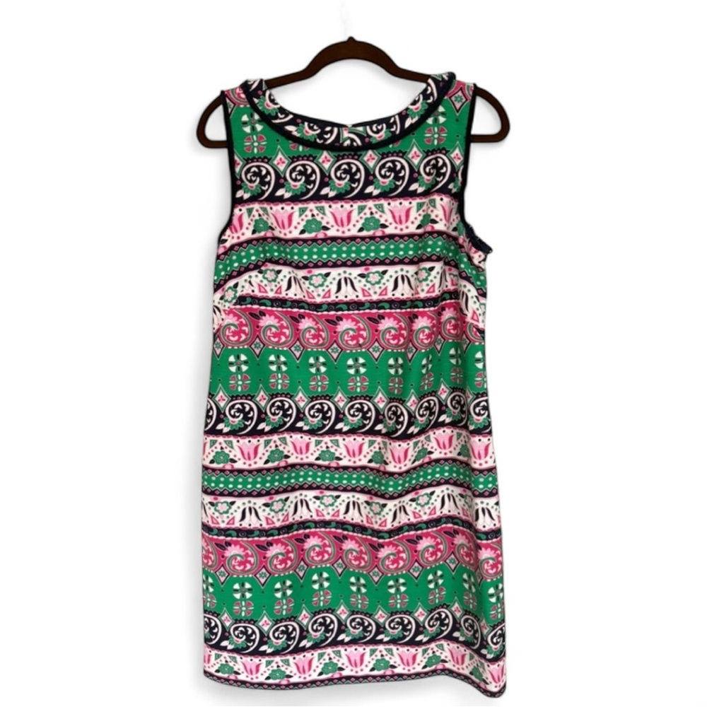 Talbots Sleeveless Sheath Dress Size 12 Pink Green Geometric Print Cotton Summer